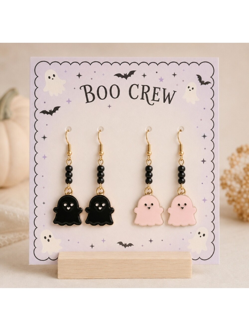 Boo Crew Ghost Earrings - Black and Pink Pearl Cute Halloween Fall Earrings